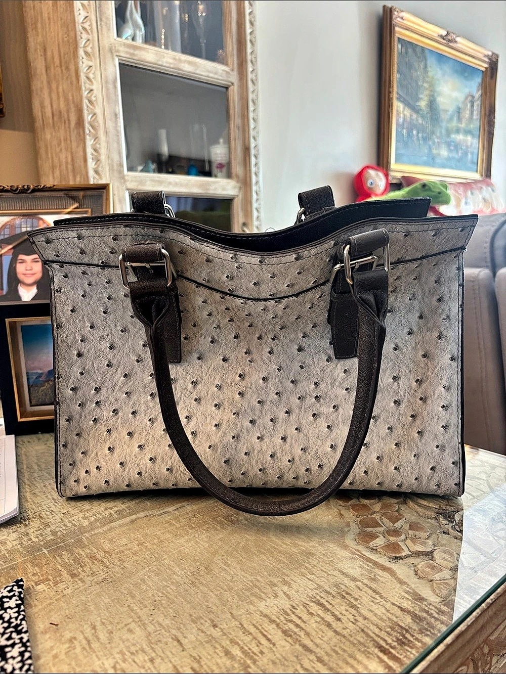 Ostrich-Print Tote in Gray & Black